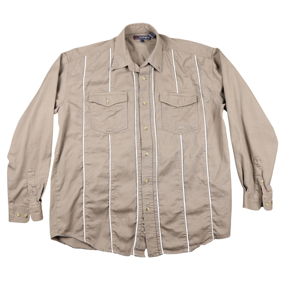 Like New Roper‎ Mens Tan White Pinstripe Long Sleeve Button Up Shirt Western Lg